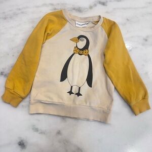 Mini Rodini Organic Yellow Sleeve Penguin Bow Tie Print Kids Sweatshirt